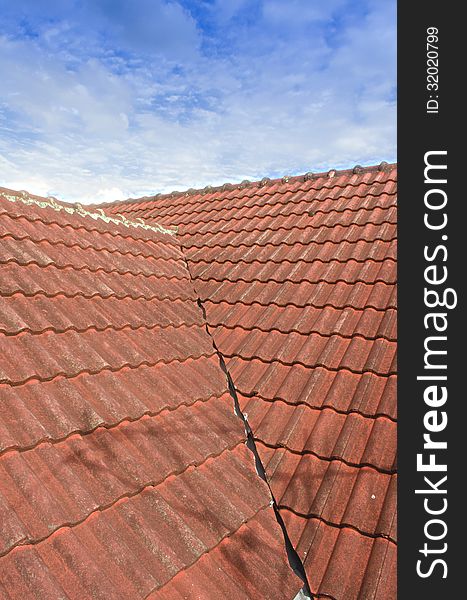 Tiled Roof with Fluffy Cloud Blue Sky