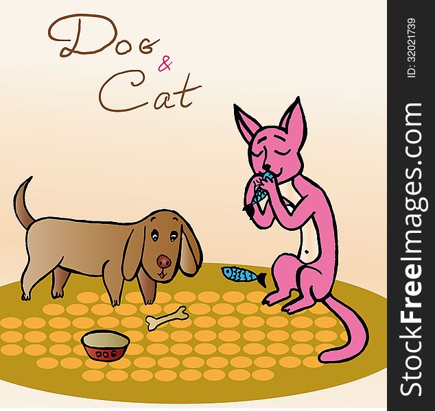 Vector graphic image with funky kitty and dog eating. Vector graphic image with funky kitty and dog eating