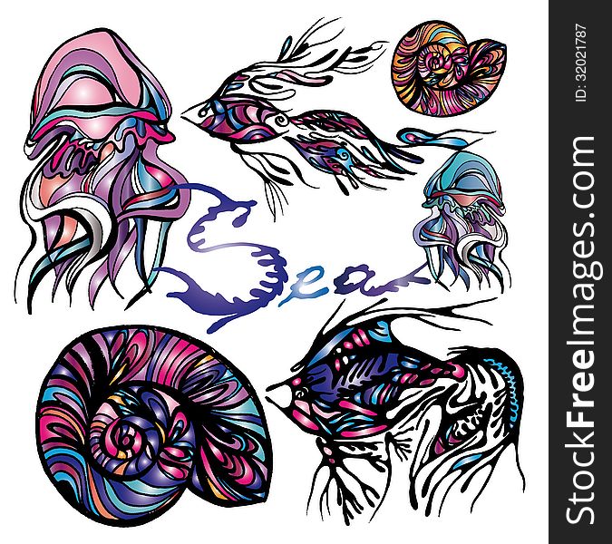 Vector image with graphic sea animals kit. Vector image with graphic sea animals kit