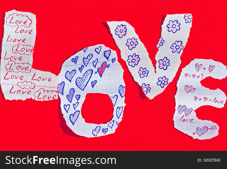 Background of hand-made letters stacked in a word love