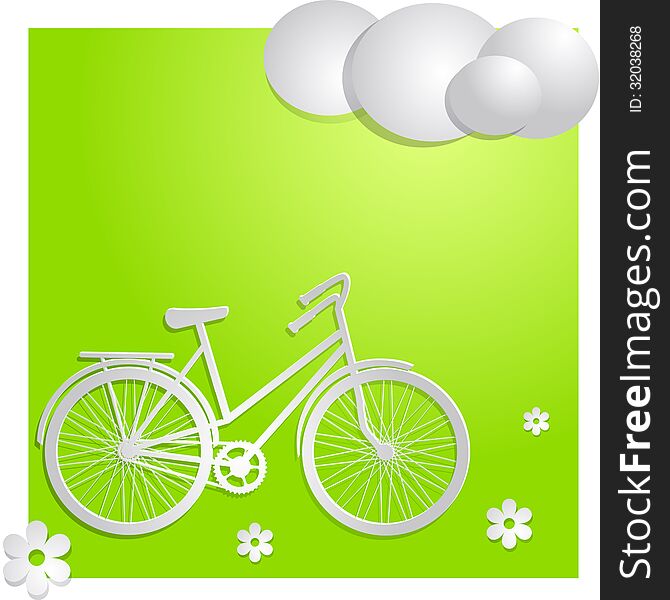 Green summer background with bicycle and clouds. Green summer background with bicycle and clouds