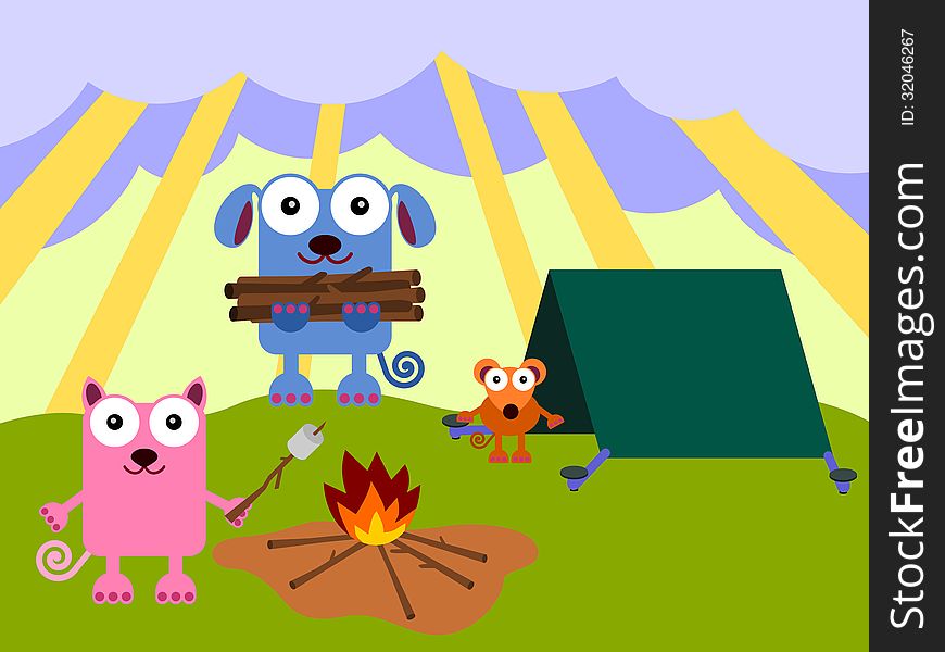 A cartoon illustration of a dog, cat, and a mouse camping outdoors. A cartoon illustration of a dog, cat, and a mouse camping outdoors