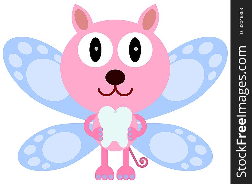 An illustration of cat tooth fairy holding a tooth