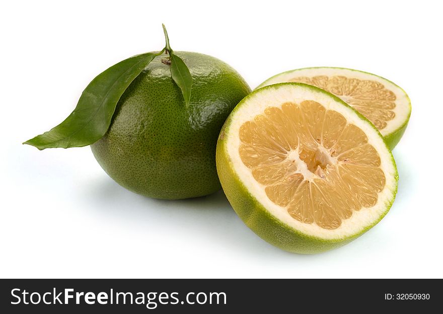 Citrus sweety fruit with leaves on white background