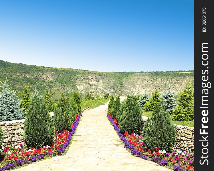 Nice stone walkway from garden in the far