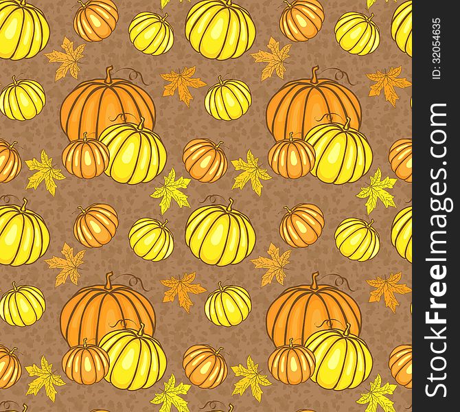 Seamless pattern with orange and yellow pumpkins and leaves. Seamless pattern with orange and yellow pumpkins and leaves