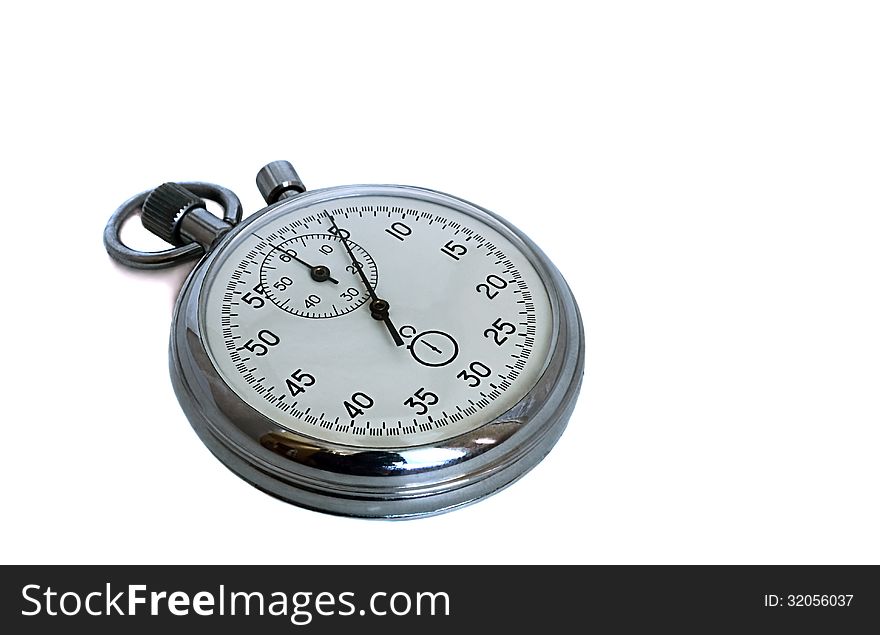 Stopwatch in shiny metal frame. Presented on a white background. Stopwatch in shiny metal frame. Presented on a white background