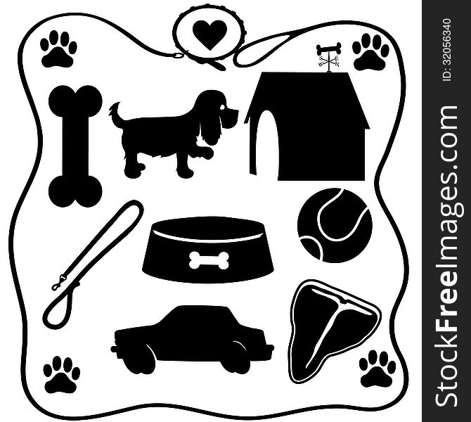 Assoted silhouettes of the things dogs love - a bone,food,steak,cars etc. Assoted silhouettes of the things dogs love - a bone,food,steak,cars etc