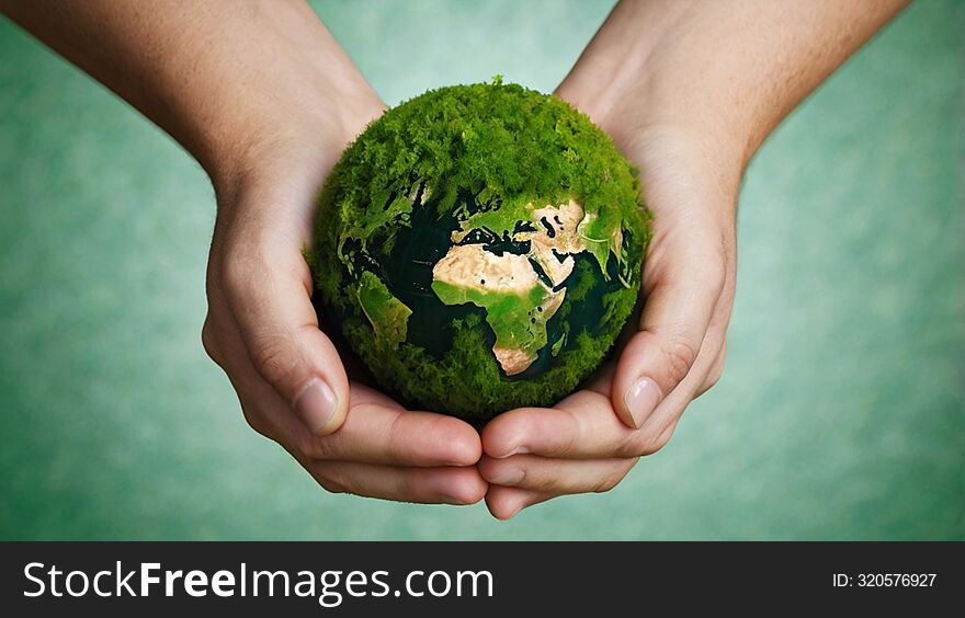 Cupped hands cradle a vibrant green globe, symbolizing the nurturing embrace of a healthy Earth.