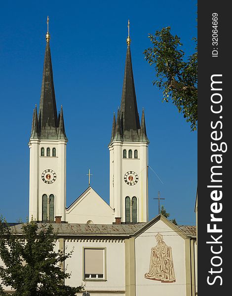 Twin spires of church in the Austrian city of Graz