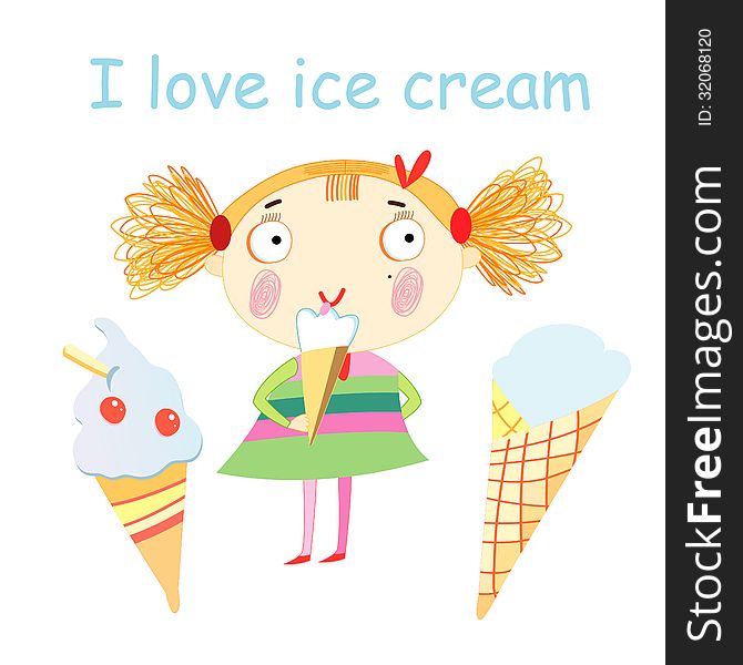 Funny little girl with ice cream on white background