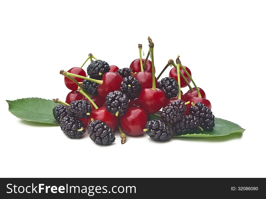 Cherries and mulberries on white. Cherries and mulberries on white