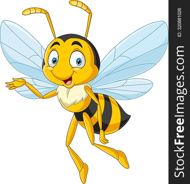 Cartoon illustration of happy bee presenting