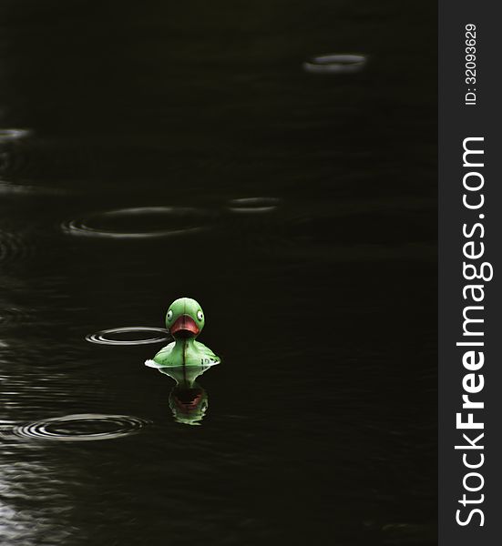 One green rubber duck racing between raindrops in the river.