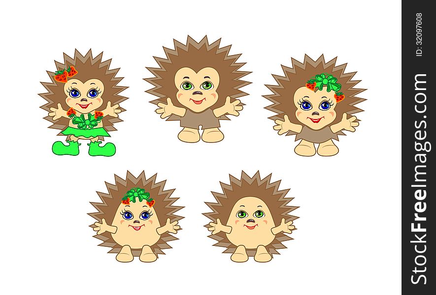 Funny characters baby hedgehogs boys and girls in the vector. Funny characters baby hedgehogs boys and girls in the vector