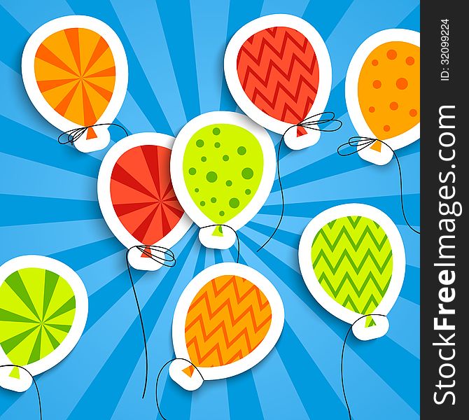 Funny postcard with balloons. Vector illustration for your holiday presentation. Easy to use and color change. Postcard picture in bright red, green, orange and blue color.