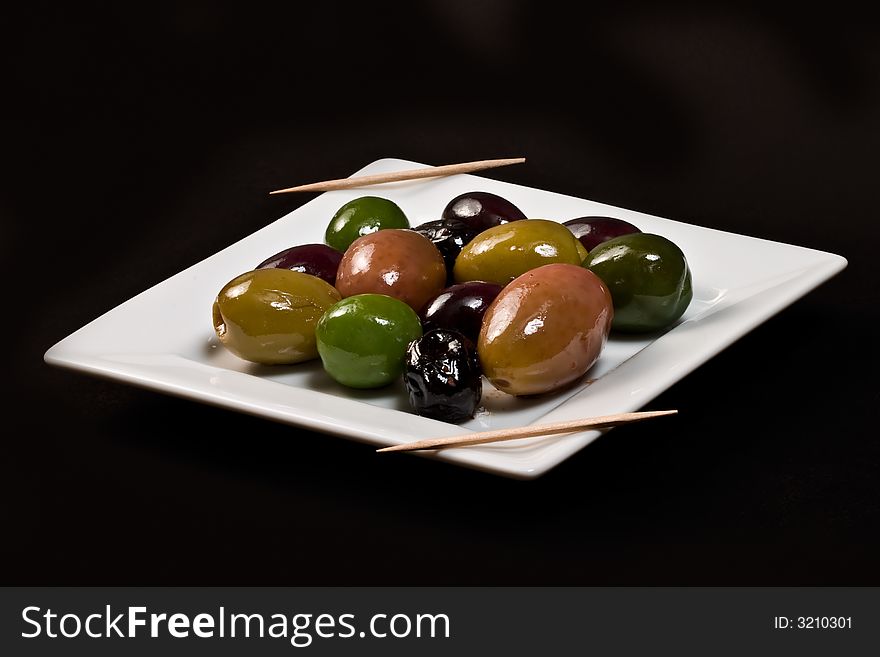 Miscellaneous black and green olives. Miscellaneous black and green olives