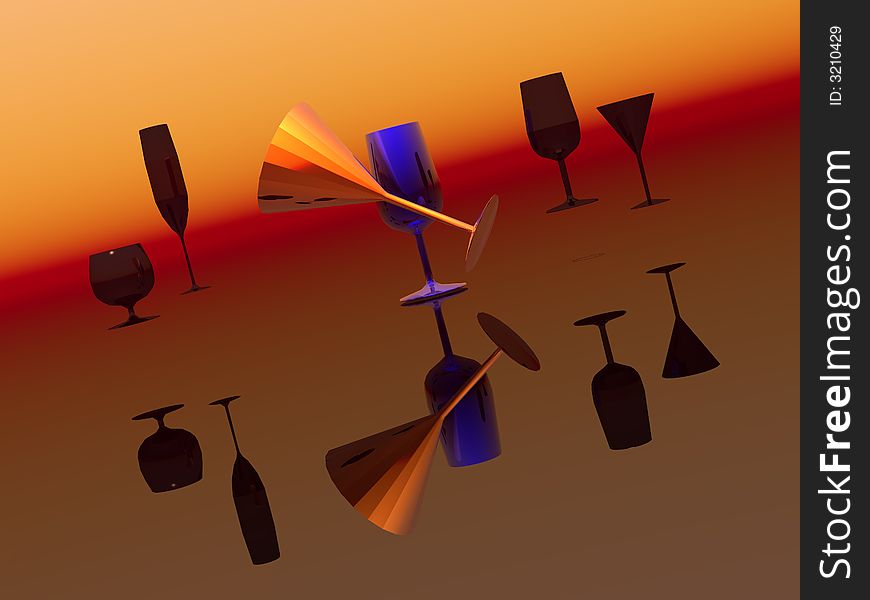 Various glasses in surreal orange reflective landscape. Various glasses in surreal orange reflective landscape