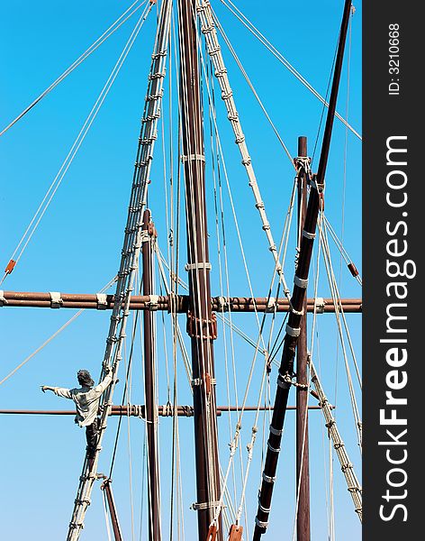 Ship foremast, cordage and sailor