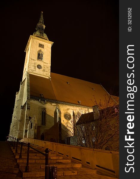 Bratislava in the night - St. Martin cathedral. The St. Martin's Concathedral formerly St. Martin's Cathedral is a concathedral Slovakia's capital, Bratislava. It is the largest and finest, as well as one of the oldest churches in Bratislava, known especially for previously being the coronation church of the Kingdom of Hungary.