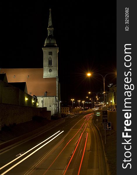 Bratislava in the night - St. Martin cathedral. The St. Martin's Concathedral formerly St. Martin's Cathedral is a concathedral Slovakia's capital, Bratislava. It is the largest and finest, as well as one of the oldest churches in Bratislava, known especially for previously being the coronation church of the Kingdom of Hungary.