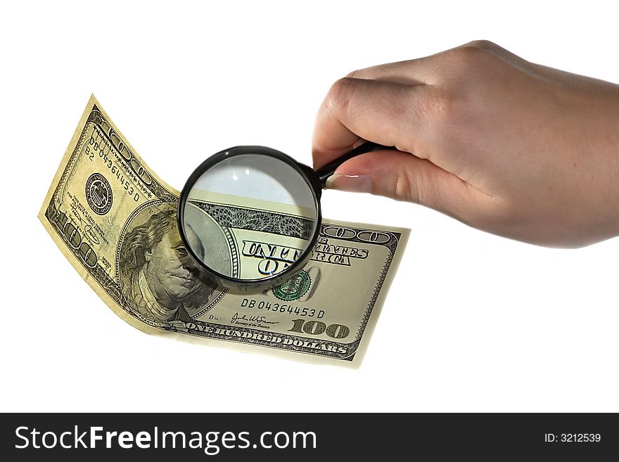 Woman hand holding magnifying and check dollar bank note. Woman hand holding magnifying and check dollar bank note