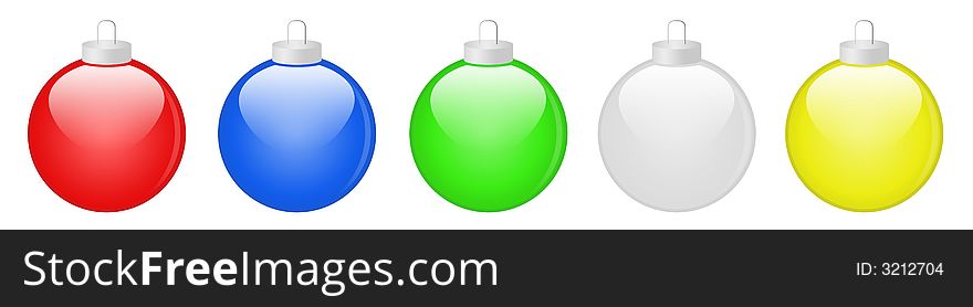 Five Christmas bauble ornaments on a white background. Five Christmas bauble ornaments on a white background.