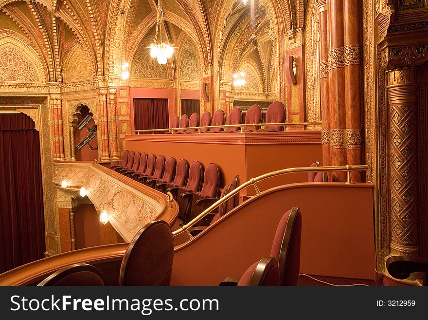 Old cinema interiors, gold and velvet decorations