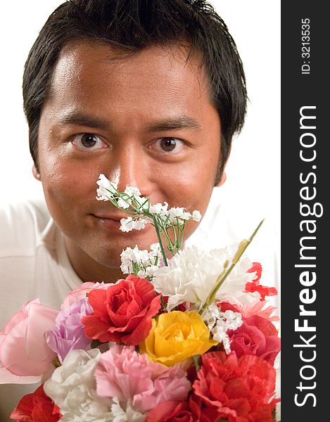 Handsome Man Holds Flowers