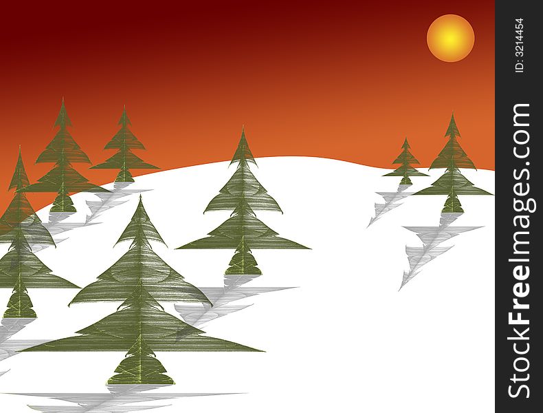 Fir trees on hill-side winter landscape with late afternoon sunset. Fir trees on hill-side winter landscape with late afternoon sunset