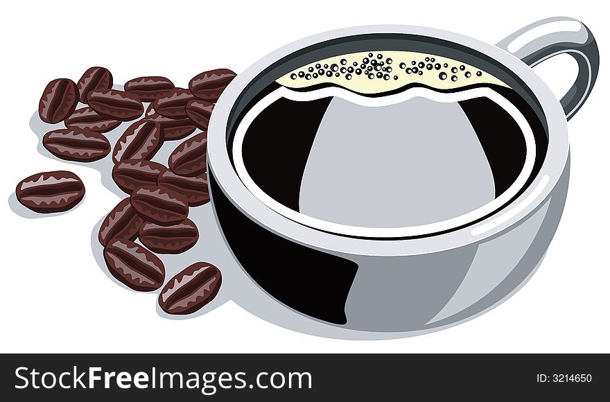Illustrated coffee cup with beans.