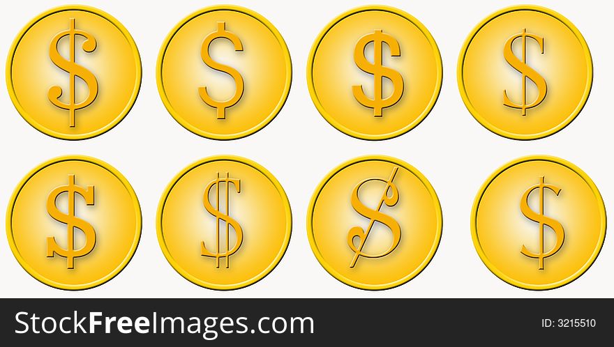 6 golden medals with the dollar sign in six different typefaces. 6 golden medals with the dollar sign in six different typefaces