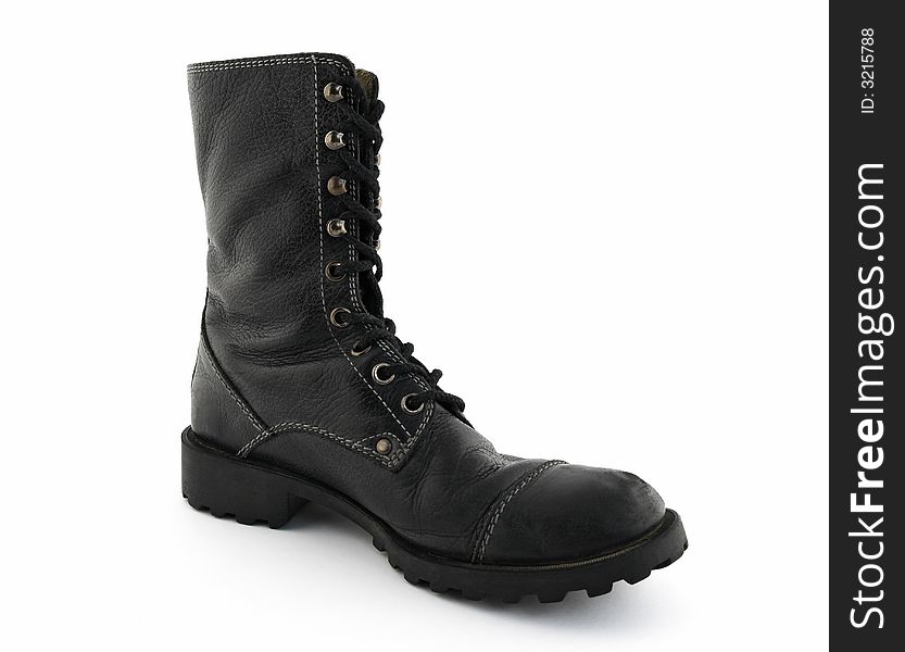 Army style black leather boot on white background.