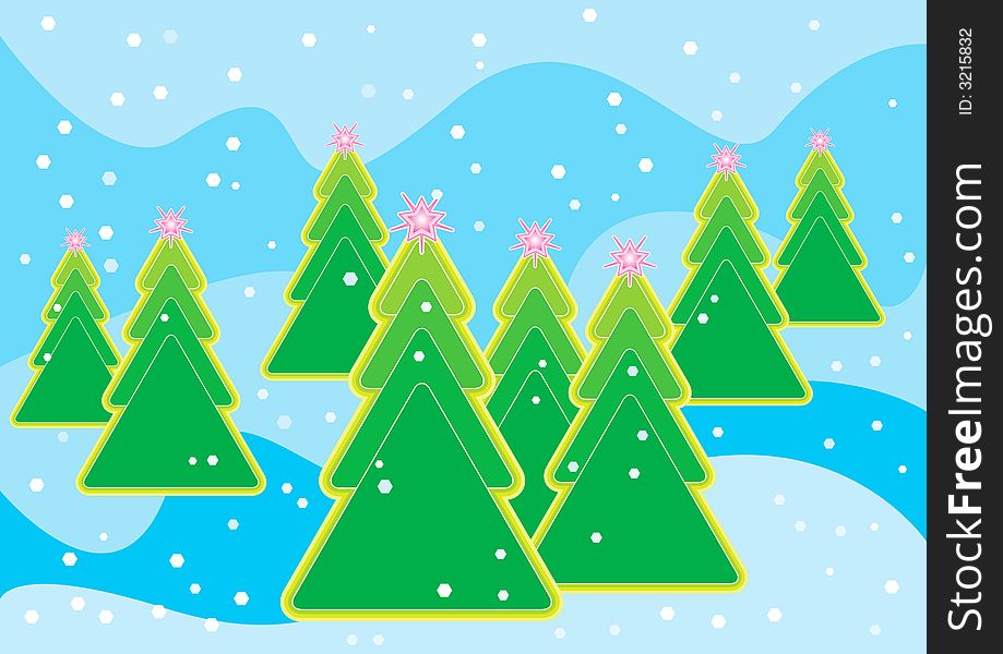 Computer generated illustration of Christmas tree with snowflakes