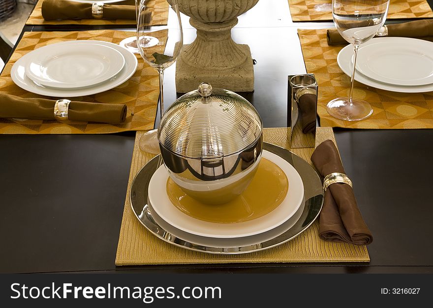 Festive dining table and exquisite decor closeup. Festive dining table and exquisite decor closeup.