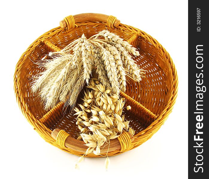 Seasonal composition: crop in basket on white background