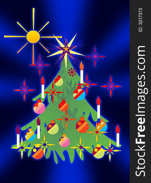 Illustration of a colorful Christmas tree and stars.