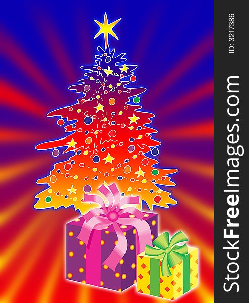 Illustration of a colorful gifts and Christmas tree. Illustration of a colorful gifts and Christmas tree.