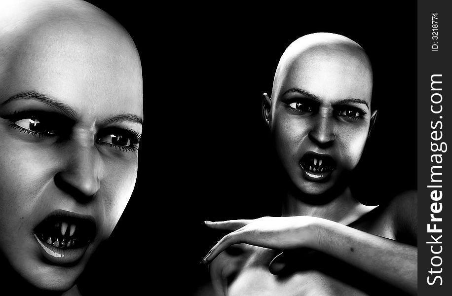 An image of two bald female vampire's that look scary and freighting and are also angry. An image of two bald female vampire's that look scary and freighting and are also angry.