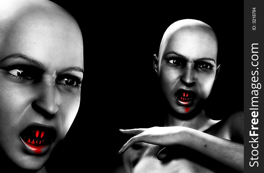 An image of two bald female vampire's that look scary and freighting and are also angry, with added blood effect. An image of two bald female vampire's that look scary and freighting and are also angry, with added blood effect.