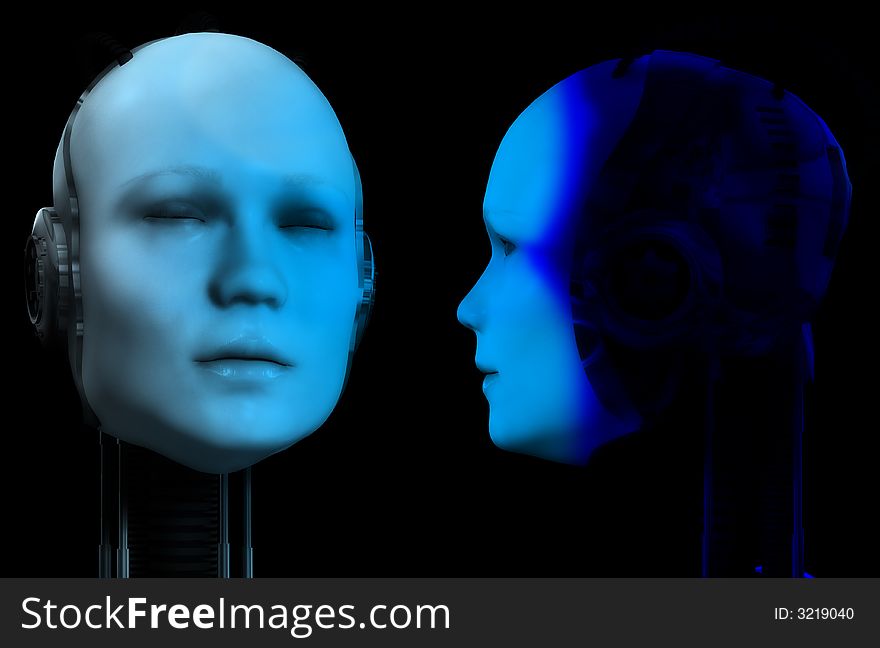 An image of two heads of technologically robotic women. An image of two heads of technologically robotic women.