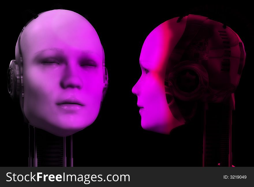 An image of two heads of technologically robotic women. An image of two heads of technologically robotic women.