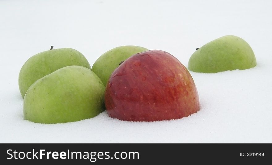 Green and red apples are laying on clear snow. Green and red apples are laying on clear snow