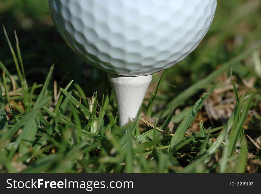 A white golf ball on a tee.  A macro image. A white golf ball on a tee.  A macro image.