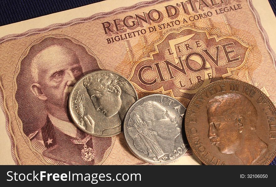 Old italian money, banknote and coins. Old italian money, banknote and coins