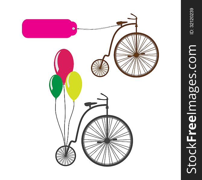 Retro bicycle with tags and balloons. celebration icons.