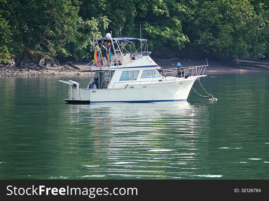 A cabin cruiser tied to a buoy just off shore at Hope Island State Park in Puget Sound Washington. A cabin cruiser tied to a buoy just off shore at Hope Island State Park in Puget Sound Washington.