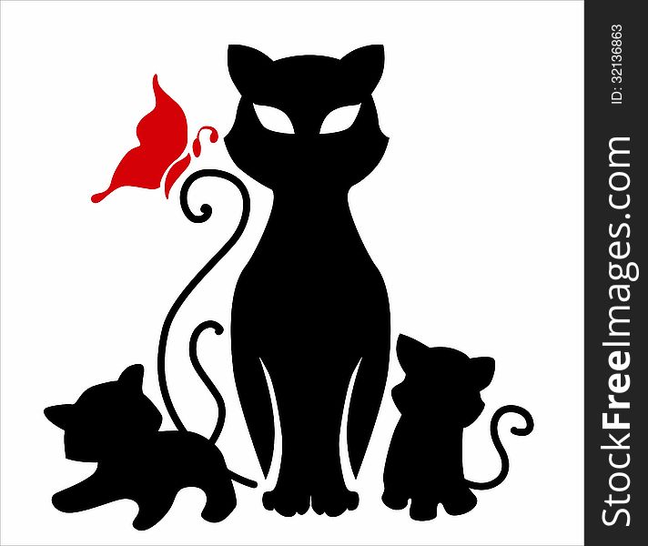 Black cat with kittens on a white background. Black cat with kittens on a white background