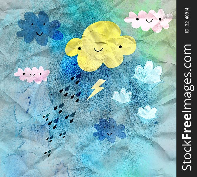 Funny colored clouds and rain on a blue background crumpled paper. Funny colored clouds and rain on a blue background crumpled paper
