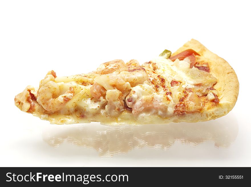 Delicious slice of pizza with seafood isolated on white